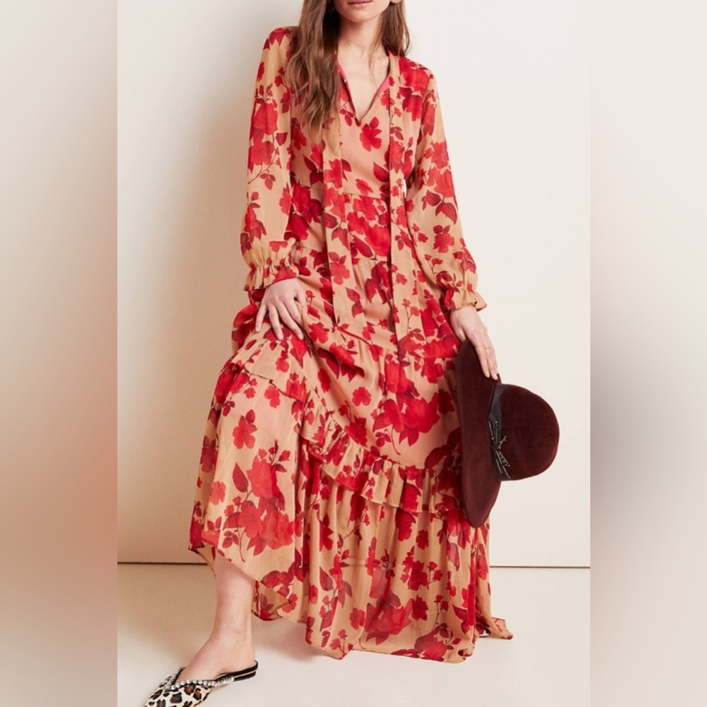 Daniel Rainn Red & Tan Floral Maxi Long Sleeve Dress